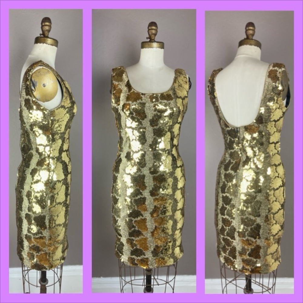 Vintage Dave & Johnny Gold Lamé and Sequined Dress - Made in USA - Size 4-6